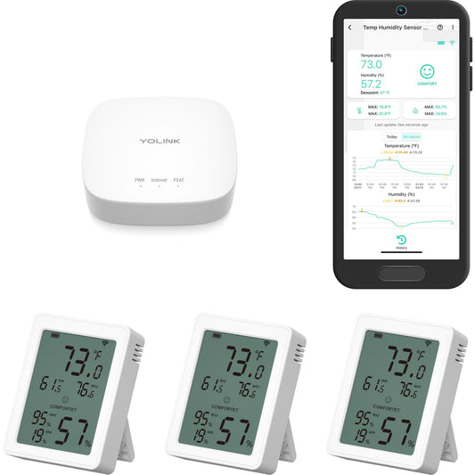 YoLink Indoor Thermometer Hygrometer 3-Pack YS8023 with LCD Comfort Display, Magnetic Mount for Kitchen Use, Max/Min Tracking, LoRa, 5-Year Battery, Alexa/IFTTT, Hub Included