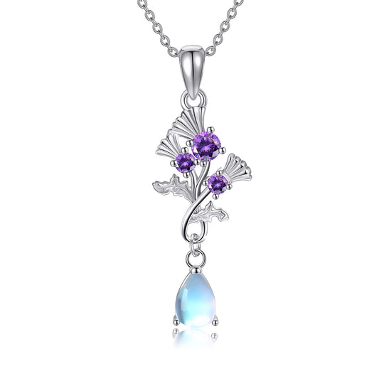 YAFEINI Scottish Thistle Necklace 925 Sterling Silver Moonstone Thistle Pendant Scotland Mother's Day Jewelry for Women Mom