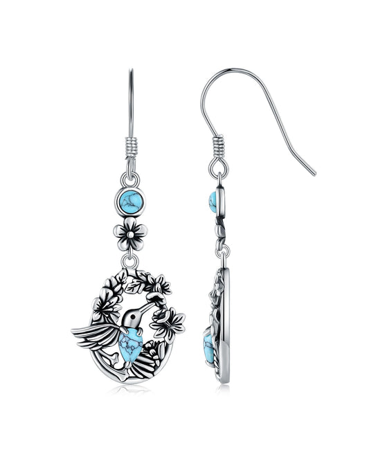 925-Sterling-Silver Turquoise Hummingbird Dangle Earrings - Vintage Boho Floral Jewelry Gift for Women Mom on Birthday, Mother’s Day, Holiday