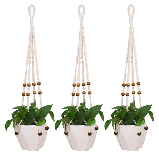 MENG ZHI AO 3 Pcs 35 Inch Macrame Plant Hanger Flower Pot Hanging Plant Holder No Tassels Decorative Hanging Planter Basket with Wood Beads for Indoor Outdoor Home Decor (Ivory)