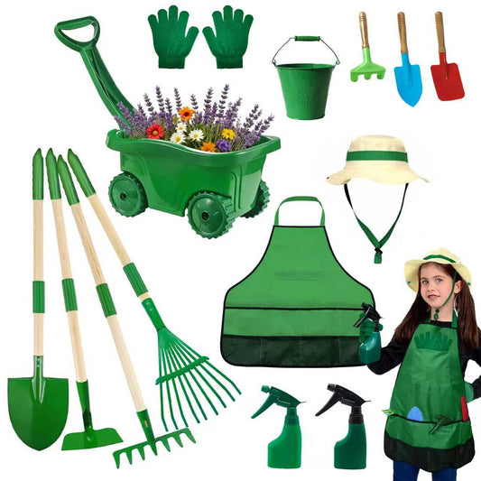 Aka Supaku Kids Gardening Tools Set,15Pcs Wheelbarrow Set for Kids with Shovel, Rake, Watering Can Outdoor Backyard Farm Digging Toys, Halloween Christmas Birthday Gifts for Boys Girls