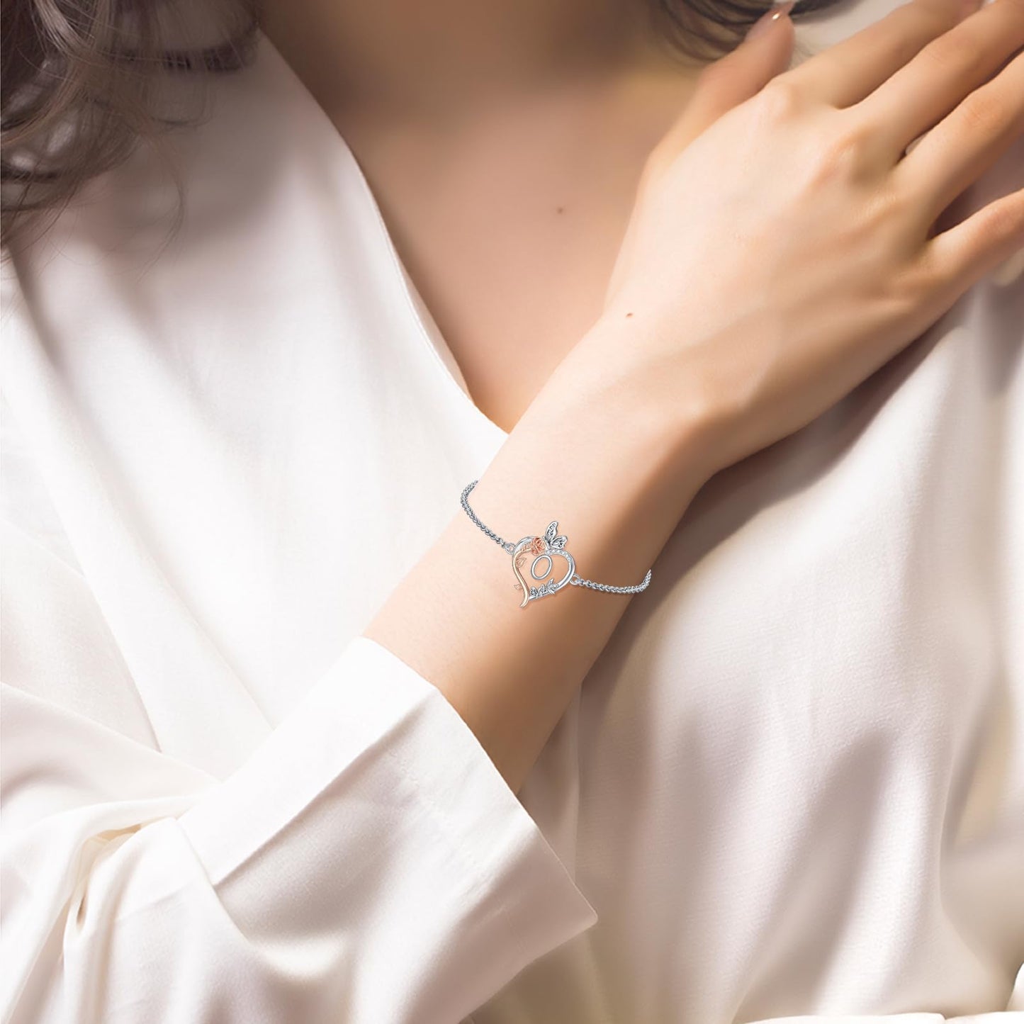 TOUPOP Rose Heart Bracelet for Women Sterling Silver Heart Initial O Letter Bracelet Butterfly Love Jewelry Anniversary Birthday Mothers Day Gifts for Mom Wife Her Girlfriend