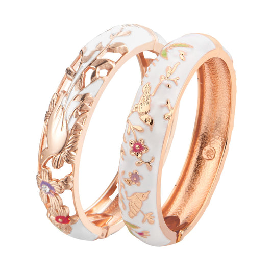 UJOY Colors Handcraft Jewelry Cloisonne Bracelet Enamel Hollowed Bird Spring Hinged Womens Bangles Gifts Box 88A31-55C49 White
