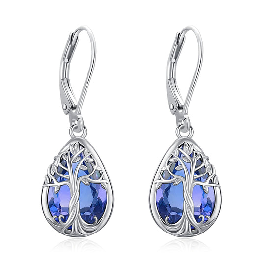 Eusense Tree of Life Dangle Earrings 925 Sterling Silver Jewelry Teardrop Dangle Tanzanite Earrings for Women Leverback Birthstone Jewelry Gift