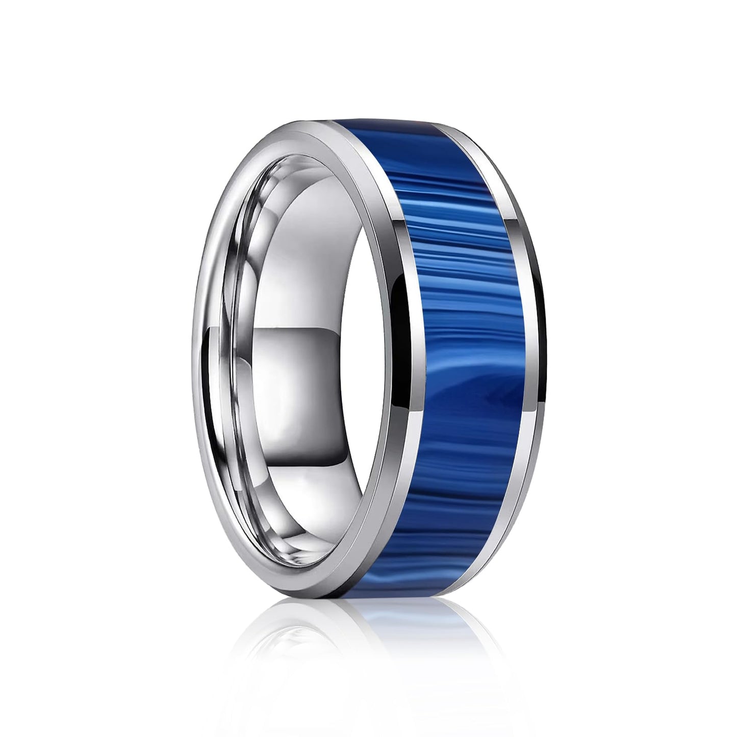 HJIMMNHONG New Carbon Fiber Fashion Rings Double Beveled Edge Delicate Polished Simple Stainless Steel Mens and Women Rings,8mm,Size Available (Peacock Blue, 11)