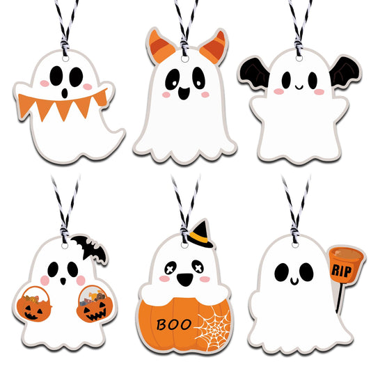90 PCS Summerween Decorations Tags with String Attached,6 Cute Designs Paper Ghost Tags,Halloween Gifts Tags for Goodie Bags,Spooky Boo Summerween Party Decor,Horror Gift Tag for Labeling Presents
