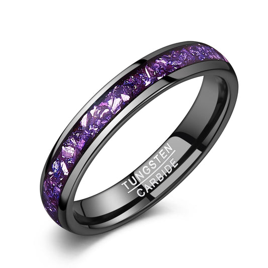 NUNCAD Women's Tungsten Rings 4mm Black Wedding Band Inlaid with Amethyst Center Polished Domed Comfort Fit Size 5-9
