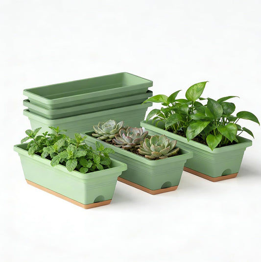 LESOASIS Window Box Planter, 6 Pack Plastic Vegetable Flower Window Planters Boxes 16 Inches Rectangular Flower Pots with Drainage Holes and Saucers (Green)