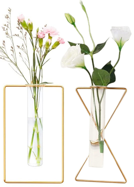 yaocoral 2 Pack Nordic Wall Vase Hanging Geometric Gold Flower Vase Wall Mount Metal Frame Vases Hydroponic Glass Bud Vase Decor for Home Wedding Farmhouse
