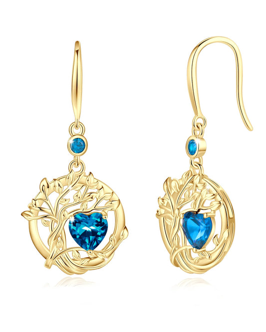 FANCIME Tree of Life Earrings 925 Sterling Silver Yellow Gold Plated Blue Topas Dangle Drop Gemstone Earring November December Birthstone Fine Jewelry Birthday Mothers Day Gifts for Women Her