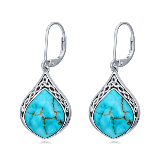Eetaitai Natural Turquoise Earrings for Women 925 Sterling Silver Celtic Knot Teardrop Leverback Dangle Earrings Vintage Boho Earrings Native American Western Jewelry Mothers Day Gifts for Mom Wife Sister