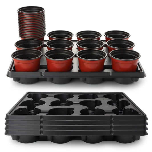 RooTrimmer 4 inch Round Nursery Pots 60pcs, 12 Cell Nursery Pots Trays 5 Pcs, Sturdy Seeds Starting Germination Shuttle Carrying Trays, Small Planter Nursery Propagation 5 Sets