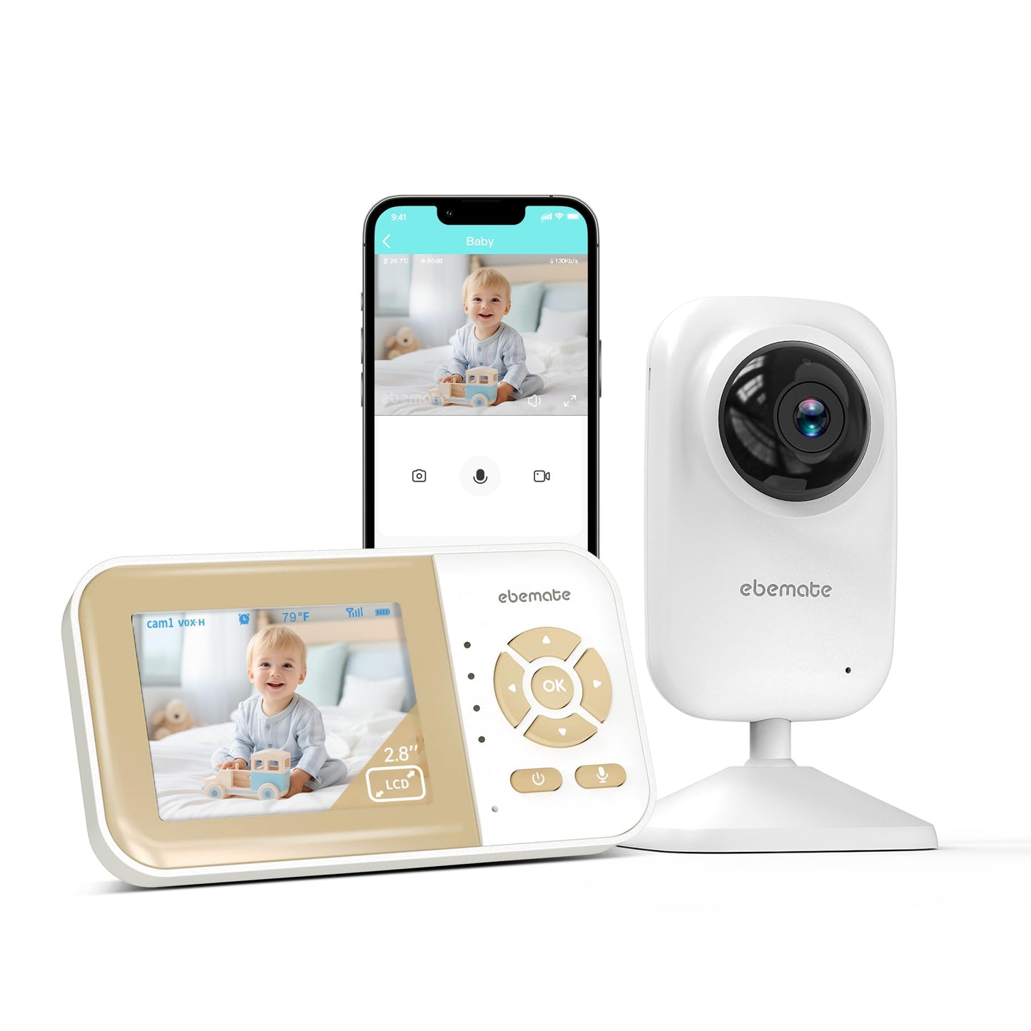 ebemate Video Baby Monitor Camera,2-Way Talk Audio Cam Monitor with Lullabies Baby Monitoring with 2.8" LCD Screen-EB29