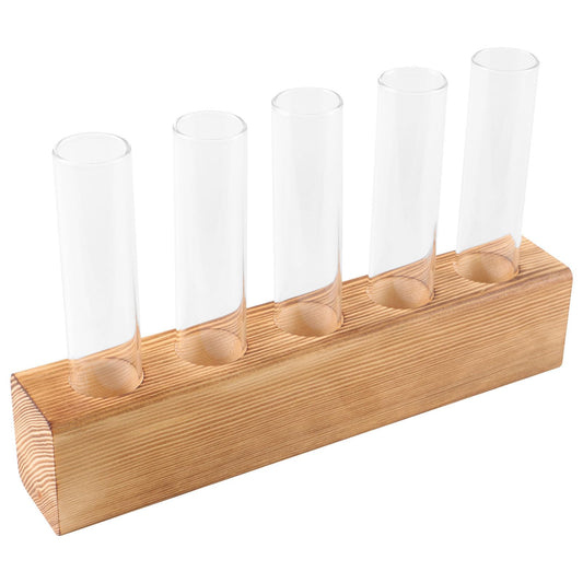 Gadpiparty Hydroponic Plants Vase with 5-Hole Glass Test Tubes and Wooden Stand, Water Propagation Station for Indoor Plant Growth and Desktop Terrarium Decor