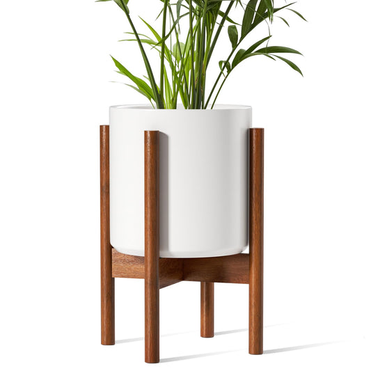 LE TAUCI 10 Inch Planter with Acacia Wood Stand, Ceramic Planter for Indoor Plants with Plant Holder, Mid-Century Modern Home Decor, Round Flower Pots with Drainage Hole, White