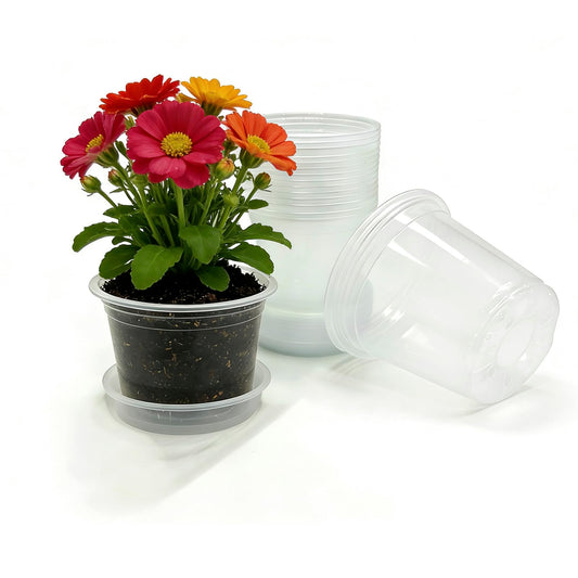 Frukwoc 4 Inch Clear Nursery Pots with Saucers 20 Pack, Plastic Flower Pots with Drainage Holes
