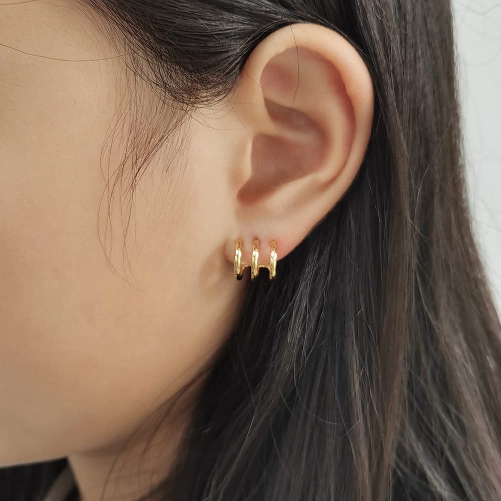 Obidos 14K Gold Plated Illusion Stud Earrings for Women | Triple Huggie Hoop Earrings for One Hole