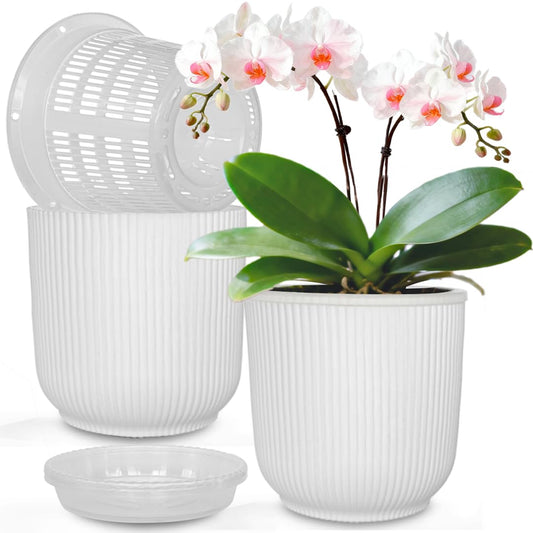 MUZHI 2 Layer Orchid Pot with Holes,Inner Clear Mesh Slotted Basket with Drain Tray 5.4”, Decorative Breathable Plastic Orchid Flower Pot for Indoor and Outdoor Phalaenopsis Growing Container White