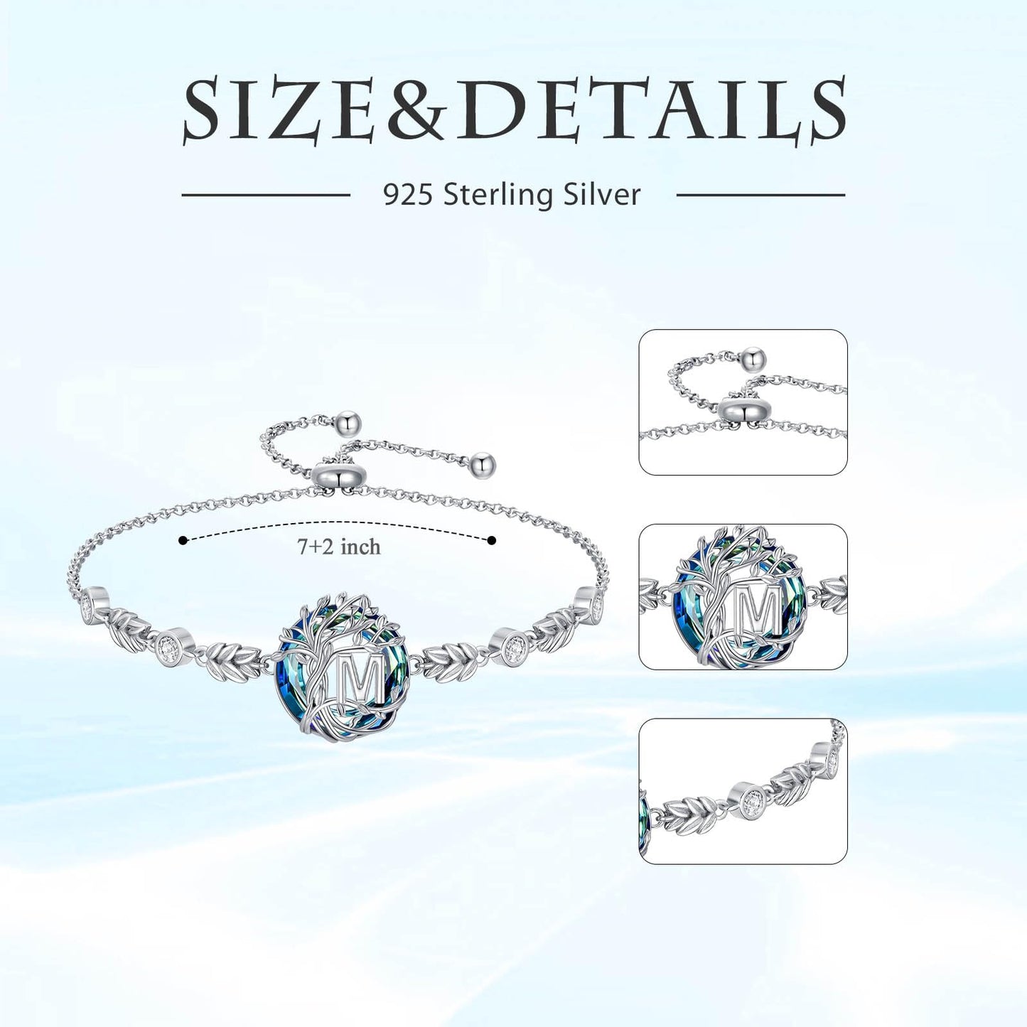 TOUPOP Tree of Life Initial Bracelet Sterling Silver Initials M Letter Link Bracelets Blue Circle Crystal Family Tree Birthday Mothers Day Jewelry Gifts for Women Mom Wife