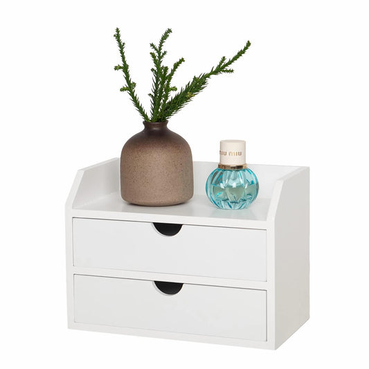 ROSE BLOOM White Wood Desk Organizer with 2 Drawer, Mini Cute Cabinet with Storage Shelf for Tabletop, Small Desktop Box Organizer for Cosmetic Office Supplies