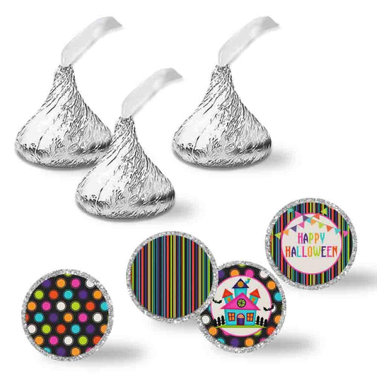 Colorful Haunted House Halloween Party Kiss Sticker Labels, 300 Party Circle Sticker Sized 0.75” for Chocolate Drop Kisses by AmandaCreation, Great for Party Favors, Envelope Seals & Goodie Bags