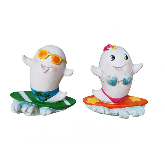 DiliComing Summer Decorations Ghost Halloween Decor - Resin Set of 2 Cute Ghost Figurine for Pool Beach Shelf Desktop Tropical Party Halloween Summerween Gifts Outdoor Decor 4 x 2 x 4 Inch