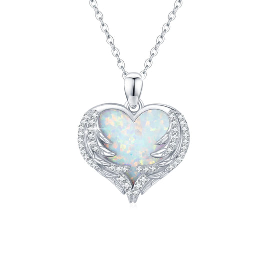 CUOKA MIRACLE Angel Wing Heart Opal Necklace 925 Sterling Silver Women's Guardian Angel Wings Pendant Necklace Dainty White Opal Jewelry for Women Birthday Gifts for Mom Women