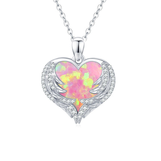 CUOKA MIRACLE Angel Wing Necklace Pink Opal Heart 925 Sterling Silver Pendant for Women Guardian Angel Wings Pendant Necklace Dainty Opal Jewelry for Women Mom Birthday Gifts
