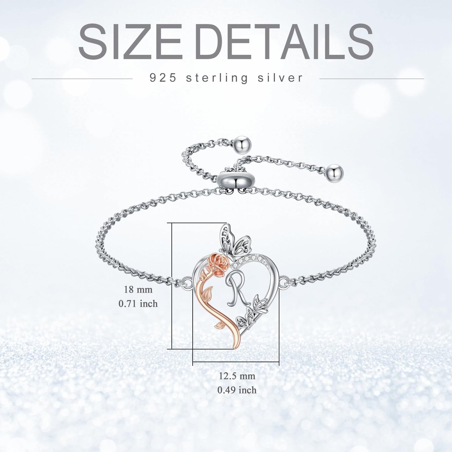 TOUPOP Rose Heart Bracelet for Women Sterling Silver Heart Initial R Letter Bracelet Butterfly Love Jewelry Anniversary Birthday Mothers Day Gifts for Mom Wife Her Girlfriend