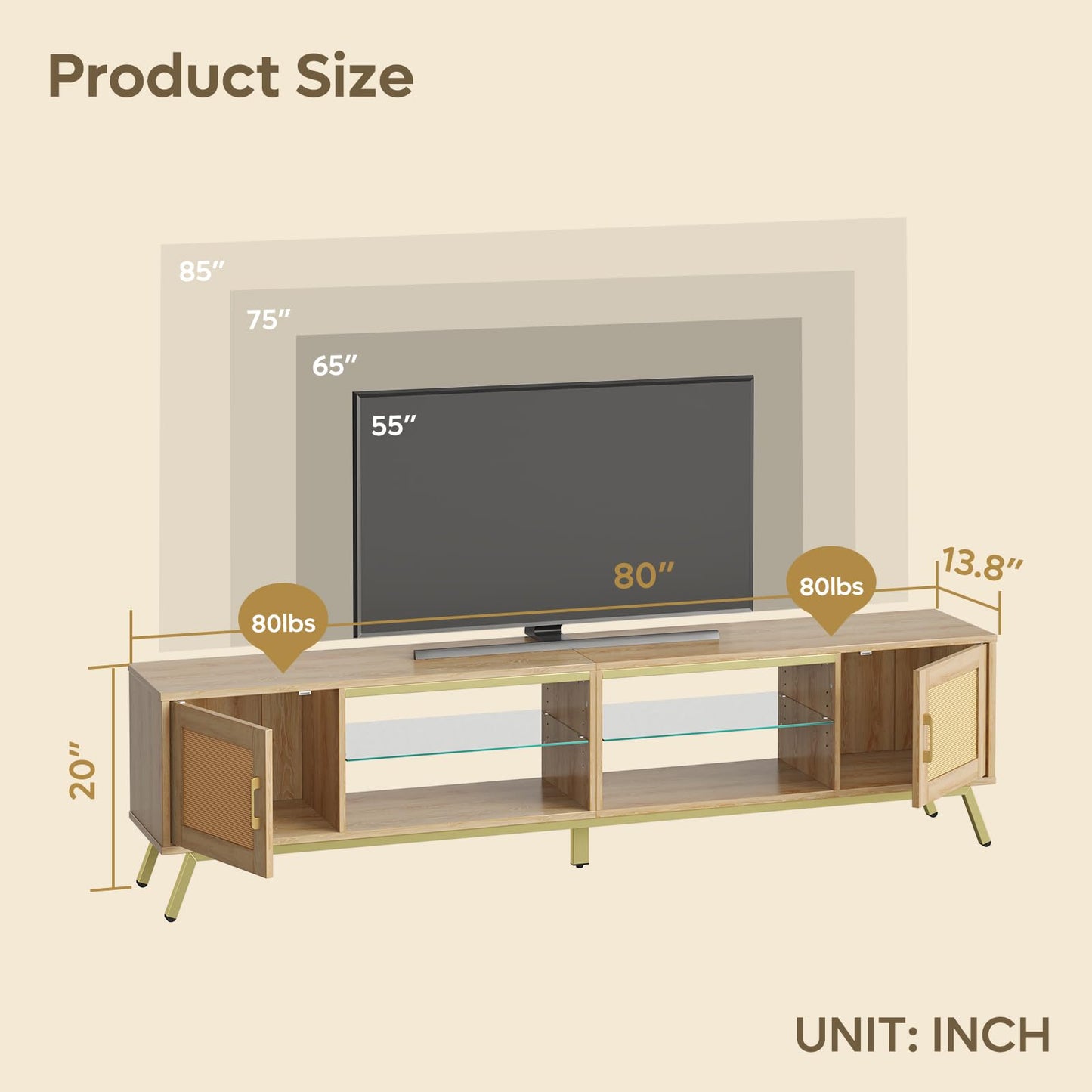 Bestier 80 Inch Natural Rattan TV Stand with Storage for 85 Inch TV, 4-in-1 Mid Century Modern Entertainment Center with LED Lights, Doors and Adjustable Glass Shelves for Living Room, Natural
