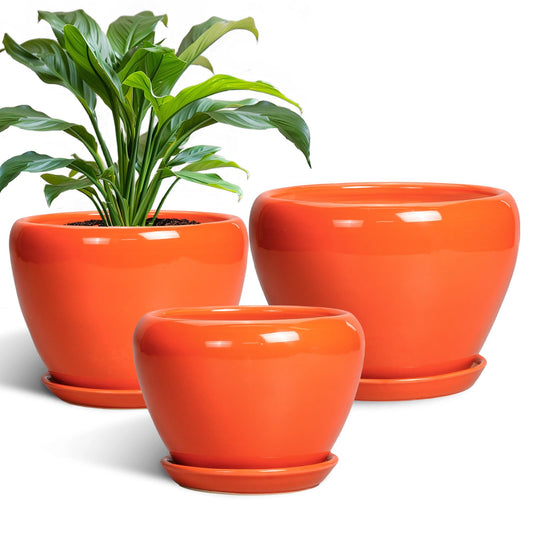 EPFamily Ceramic Planter - 10 Inch 8 Inch 6 Inch Plant Pot with Drainage Holes and Saucers, Round Planters for Indoor Outdoor, Modern Flower Pots, House Garden Room Decor, Gardening Gifts, Orange