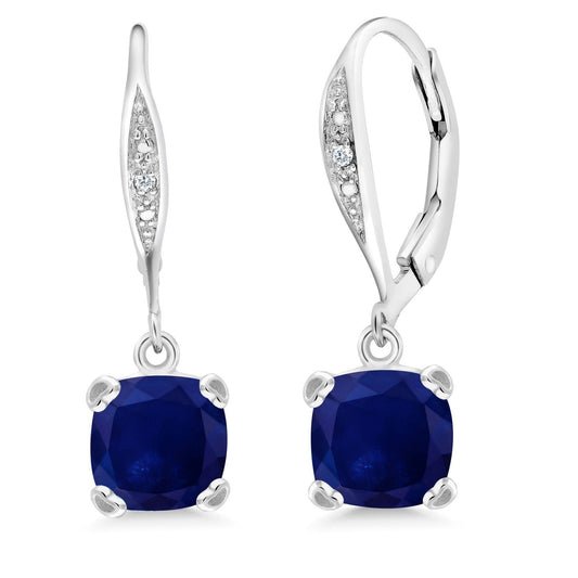 Gem Stone King Drop Dangle Earrings For Women | 7MM Cushion Cut Gemstone Birthstone and Diamond | 925 Sterling Silver | Jewelry Gift for Mom Wife Her | Blue Sapphire-September | Sterling Silver