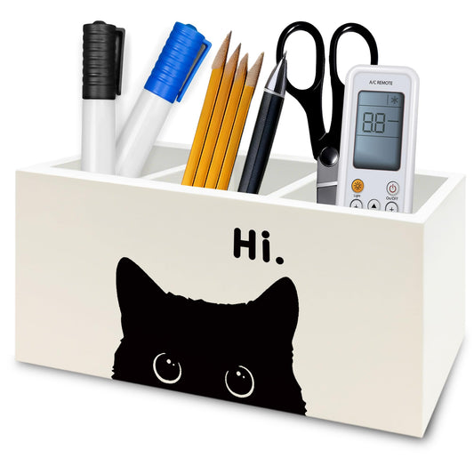 QZQE Funny Black Cat Pen Pencil Holder Organizer for Desk, Black Cat Lovers Gifts for Women Men Wooden Box Signs Decorations for Home Office Desk Tabletop, Gifts for Pet Lover