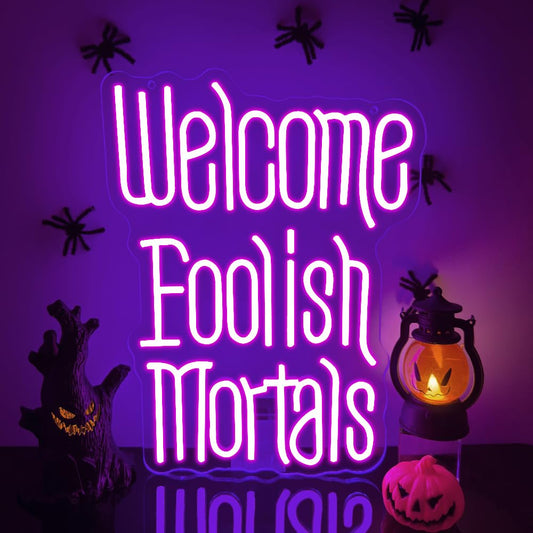 RuCvixkt Welcome Foolish Mortals Neon Sign for Wall Decor, Coffin LED Halloween Neon Signs Spooky Gothic Haunted Mansion Decor, USB Powered Led Neon Light for Man Cave, Party,Haunted House