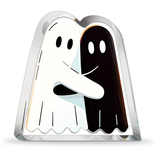 Hugging Ghost Decorative Sign Acrylic Cute Plaque Desk Decor Halloween Gifts For Women Kids Men Adult Friends Coworker Birthday Christmas Gifts Black White Design Goth Accessories