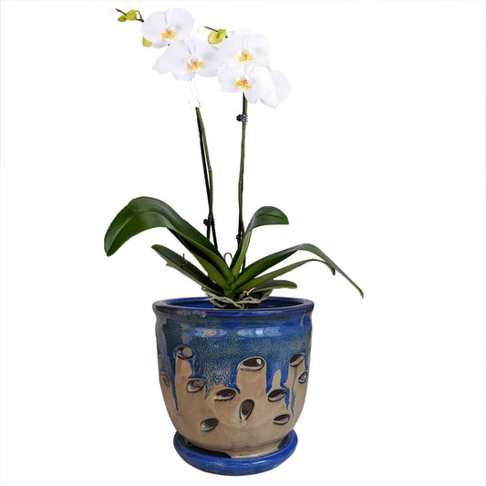 Fowargif Large 6inch Ceramic Orchid pots with Holes, Flower Pot with Saucer for Indoor Plants Home Decorative, Round Planter (Blue+Light Brown)