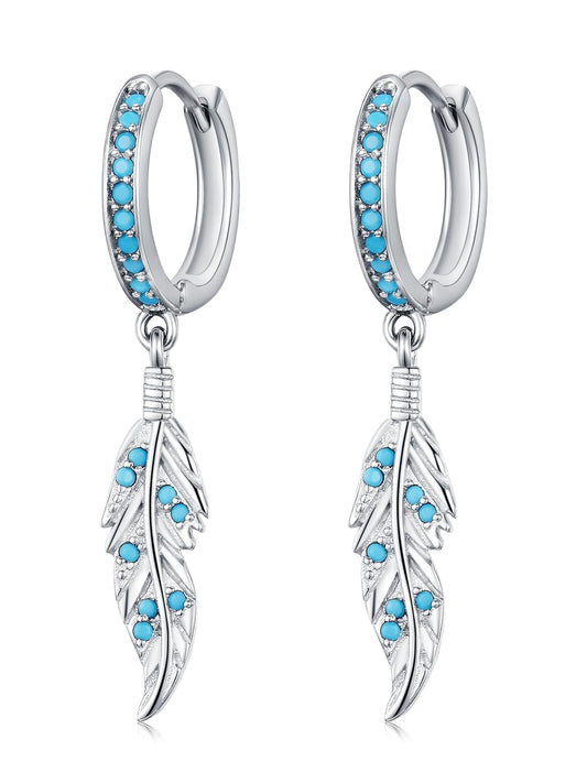 Feather Turquoise Earrings 925 Sterling Silver Bohemian Dangle Earrings Western Jewelry Native American Gifts for Women