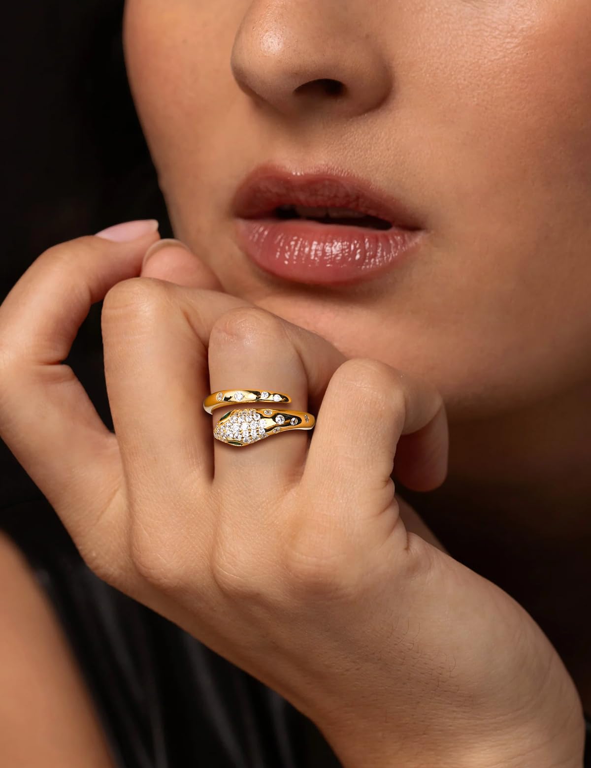 RANDES Snake Rings for Women Gothic Jewelry 925 Sterling Silver Adjudtable Statement Cocktail Ring Emerald Cz Yellow Gold Plated Ring Size 8