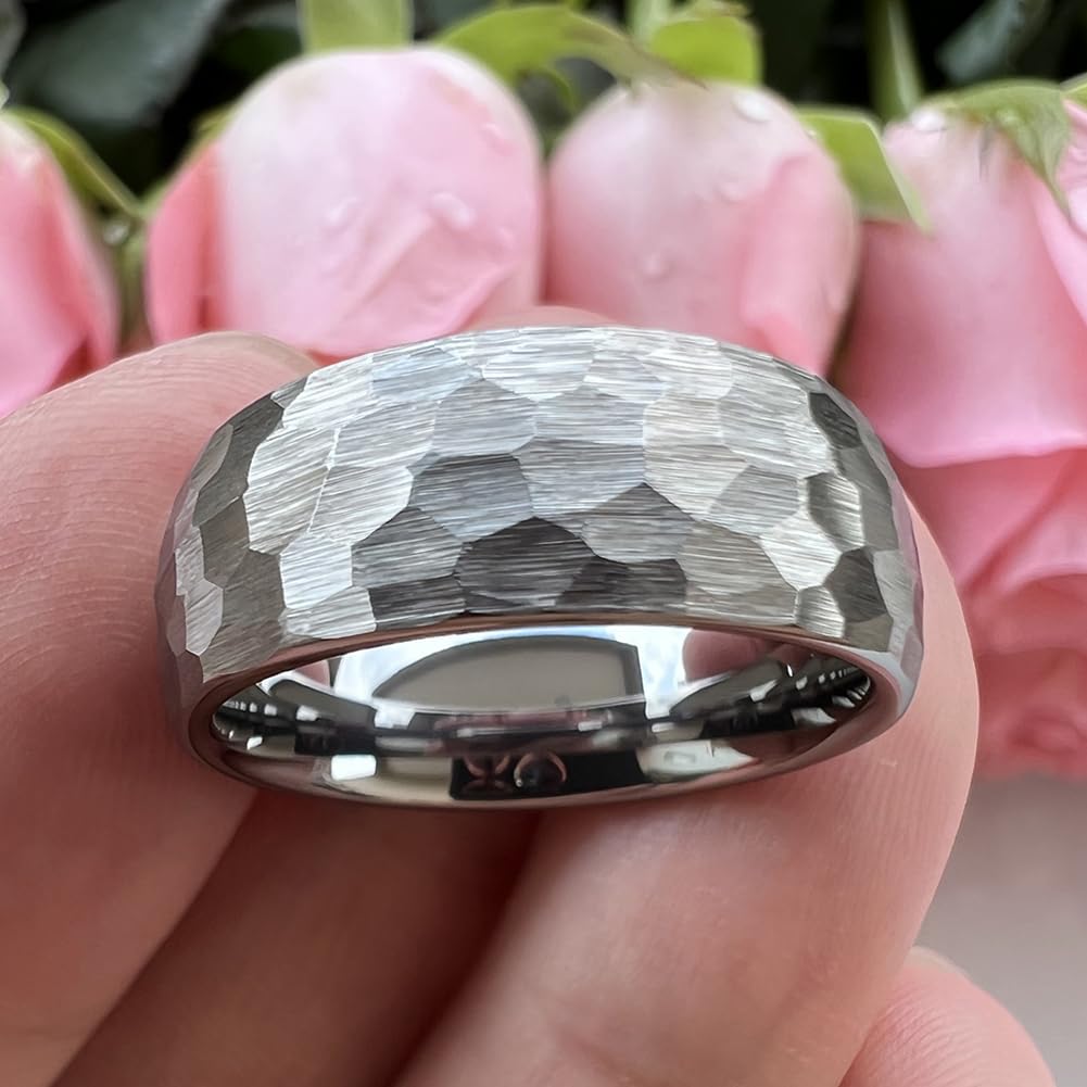 TUTISS 8mm Hammered Tungsten Rings for Men Women Fashion Engagement Wedding Bands Domed Matte Finish Comfort Fit Size 8
