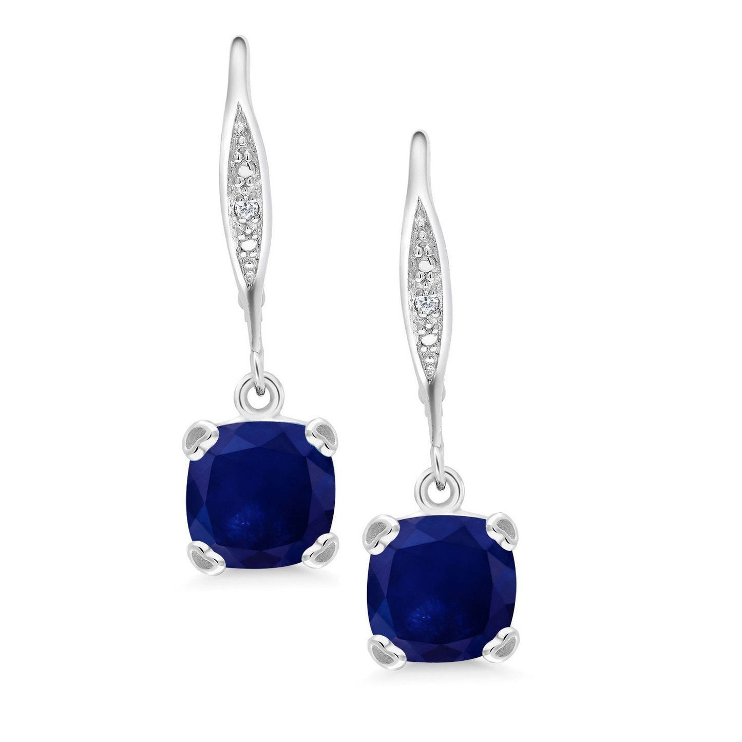 Gem Stone King Drop Dangle Earrings For Women | 7MM Cushion Cut Gemstone Birthstone and Diamond | 925 Sterling Silver | Jewelry Gift for Mom Wife Her | Blue Sapphire-September | Sterling Silver
