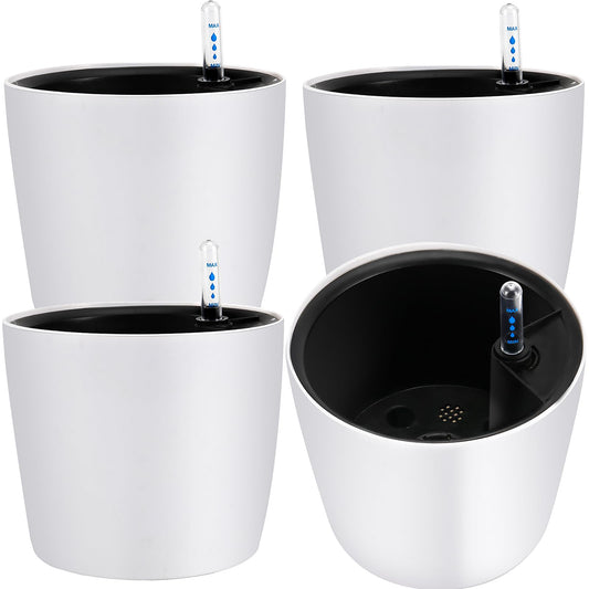 JOIKIT 4 Pack 7 Inches Self Watering Planter, White Plant Flower Pots with Water Level Indicator, Self Watering Pots for Indoor & Outdoor Succulents Plants Herb Garden