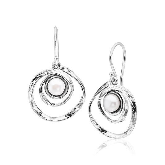 Jean Rachel Jewelry 925 Sterling Silver Dangle Earrings for Women with Freshwater Pearl - Free Form Vintage Design - Hypoallergenic, Lead & Nickel Free - Artisan Handcrafted Statement Earrings - White