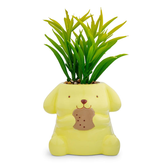 Toynk Sanrio Pompompurin 3-Inch Sculpted Ceramic Mini Planter with Artificial Succulent | Cute Flower Pot, Faux Indoor Plants