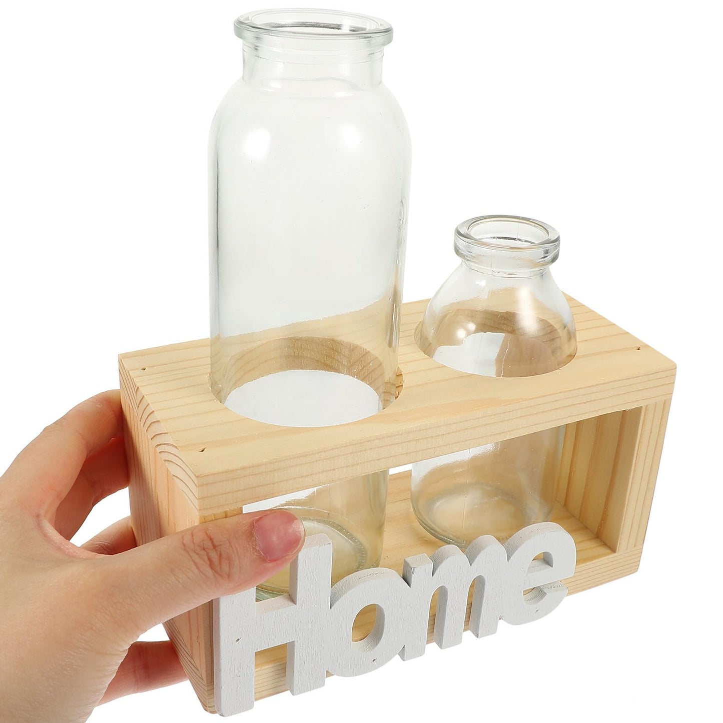 LALAFINA Nordic Style Hydroponic Plant Holder Glass Vase with Wooden Stand, Indoor Desktop Planter Terrarium for Home Garden Décor, 2pcs