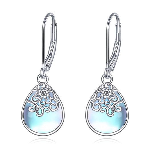 POPLYKE Moonstone Filigree Flower Teardrop Drop Dangle Earrings Sterling Silver Leverback Earrings Jewelry for Women
