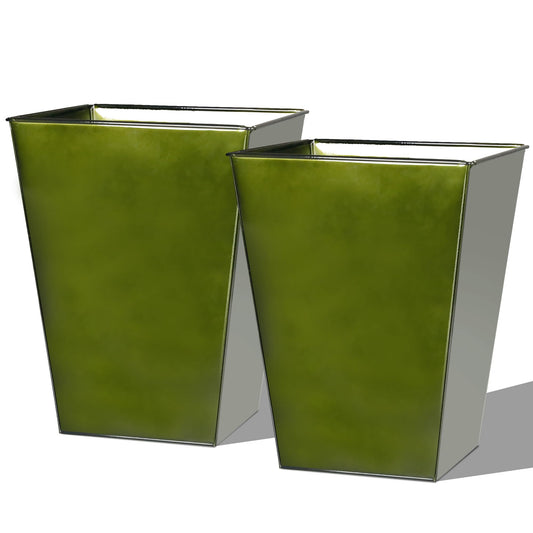 Worth Garden Large Metal Glazed Floor Planter Set of 2-14" Dia x 18" H - Luxurious Glossy Finish Green Tall Square Tapered Steel Plant Pots, Decor Flower Pot Indoor & Outdoor, Drainage Hole
