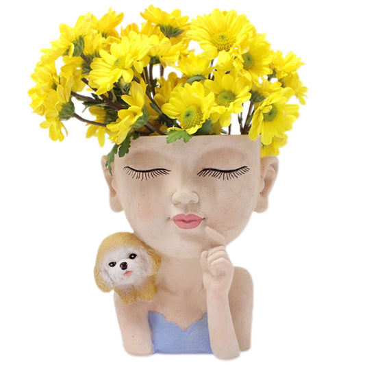Face Planters Pots Cute Closed Eyes Girl and Dog Succulent Planter Unique Head Planter for Outdoor Indoor Planter Female Bust Vase - with Drainage Hole