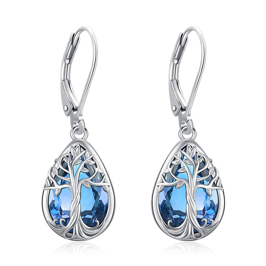 Eusense Tree of Life Earrings 925 Sterling Silver Drop Dangle Earrings for Women with Sapphire Teardrop Birthstone Jewelry Leverback Sterling Silver Jewelry Gift