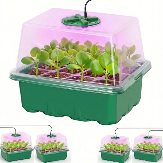 NACNO Seed Starter Kit with Grow Light, Elevated Seedling Tray Kit with Adjustable Humidity Dome and Clear Cell Tray, 12 Full Spectrum Led Beads for Seed Starting Greenhouse, 6 Pack, Green