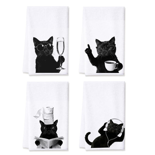 Fakindiy 4-Packs Funny Black Cat Kitchen Towels - 16x24 Inch Microfiber Dish Towels, Super Absorbent & Quick Drying Towels for Kitchen Coffee Bar,Gift for Cat Lovers Women Mom (Black Cat)